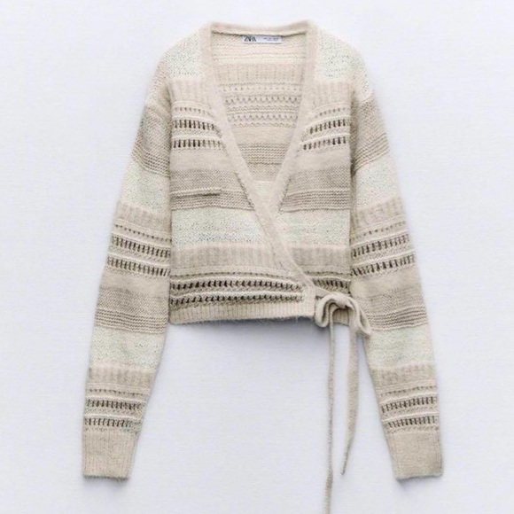 Zara Beige & Cream Striped Cropped Wrap Cardigan - Size S - Picture 9 of 14